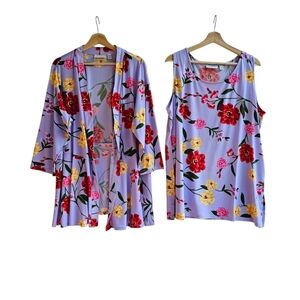 Susan Graver Floral Cardigan & Tank Set Purple Red Yellow 2-Piece, Size 2X